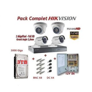 Hikvision Pack Complet Vidéo Surveillance DVR 4 HD+ 4Caméras + Bloc d'alimentation + Disque dure 3TB