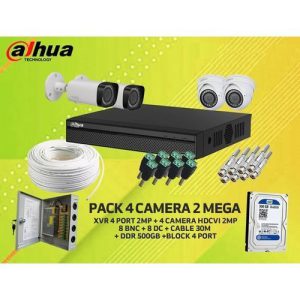 Dahua PACK 4 Camera 2 Mega + DVR XVR + Disque Dur 500 Go + Bloc Alim 4 Port + 30m cable