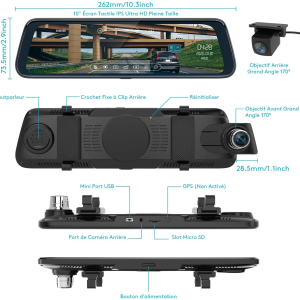 Rétroviseur 10″ Caméra Embarquée Écran Tactile [1080P 170° + 720P 170°]